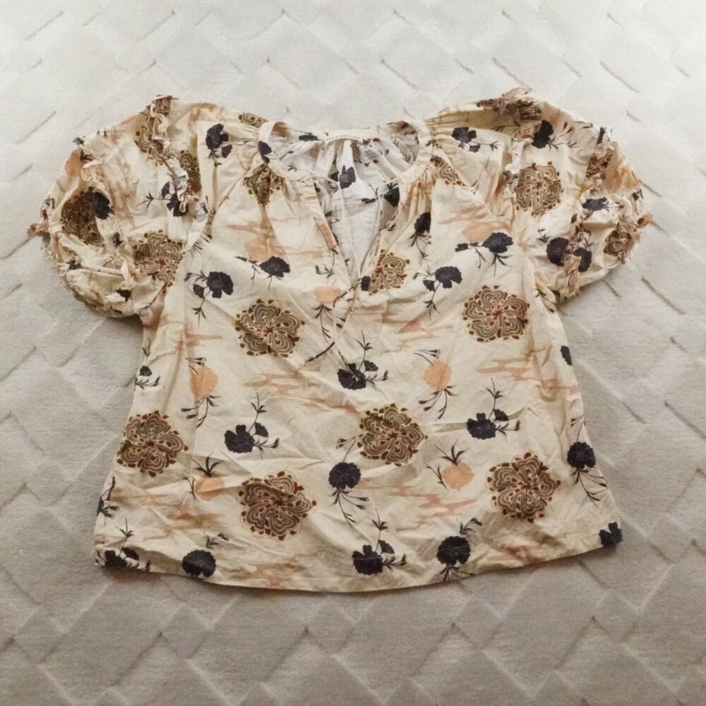 Ulla Johnson Cream Floral Puff-Sleeve Blouse with Black and Beige Print